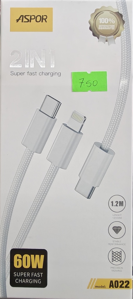 CABLE ASPOR A022 60W CON CABLE TIPO C A TIPO C YT