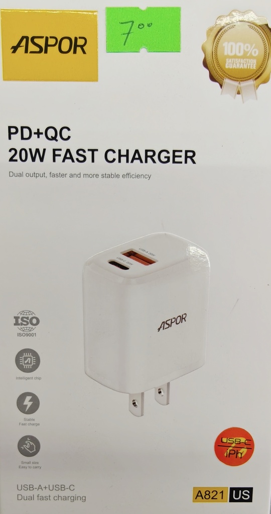 CARGADOR ASPOR A821 CON CABLE TIPO C A IP 20W
