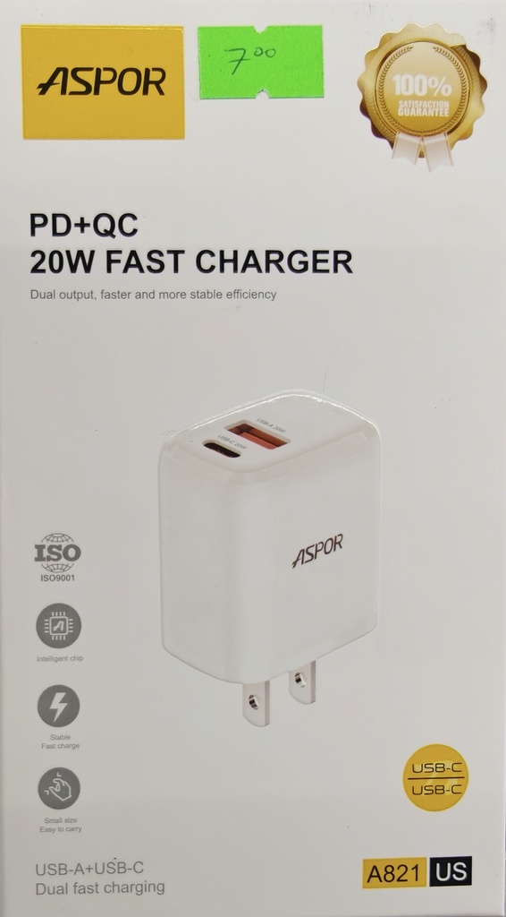 CARGADOR ASPOR A821 CON CABLE TIPO C A TIPO C 20W