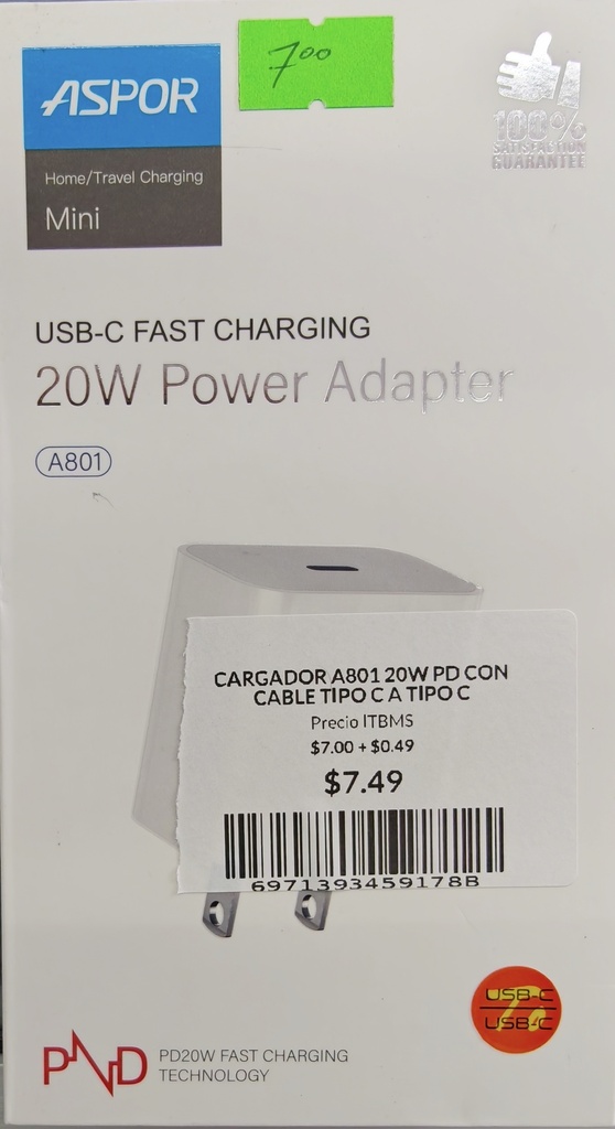 CARGADOR A801 20W PD CON CABLE TIPO C A TIPO C