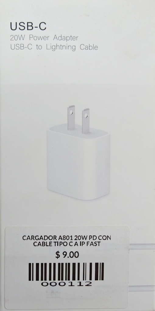 CARGADOR A801 20W PD CON CABLE TIPO C A IP FAST