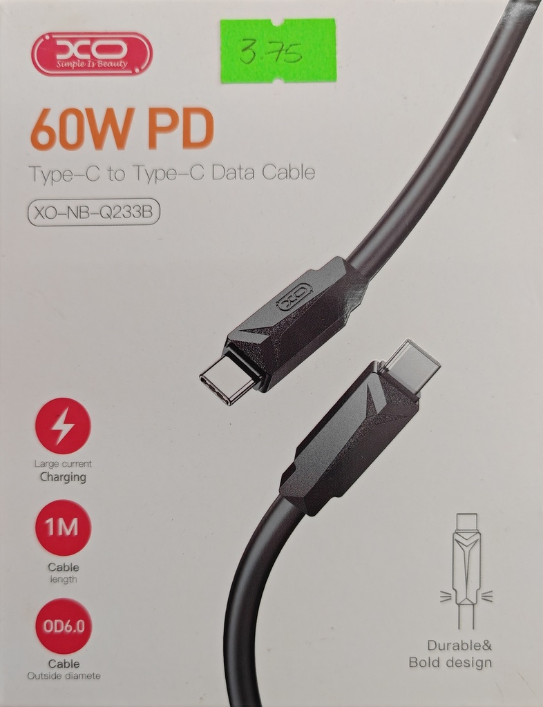 CABLE DE CARGA XO NB-Q233B NEGRO TIPO C A TIPO C