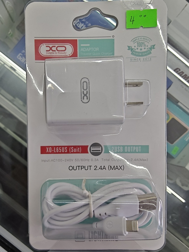 CARGADOR XO L65 2. 4A CON CABLE IP BLACO