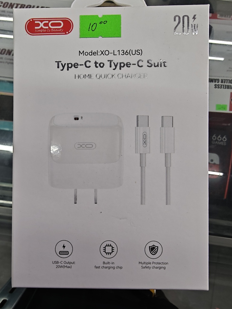 CARGADOR XO L136 PD 20W C/CABLE TIPO C TIPO CCOLO