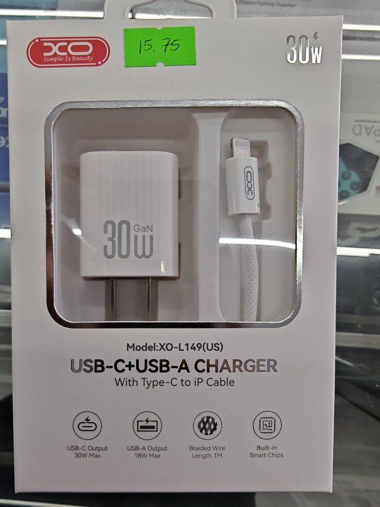 CARGADOR XO L149 PD 30W C/CABLE TC-IP BLANCO