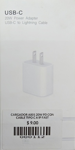 CARGADOR A801 20W PD CON CABLE TIPO C A IP FAST
