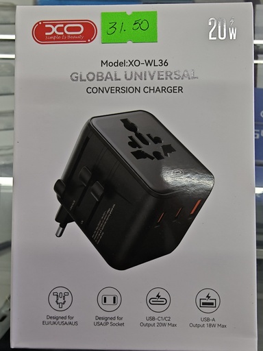 CARGADOR XO -WL36 20W PARA EUROPEO NEGRO