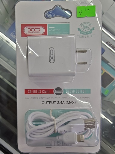 CARGADOR XO L65 2. 4A CON CABLE IP BLACO