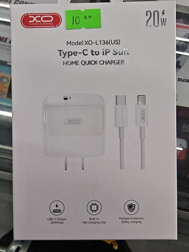 CARGADOR XO L136 PD 20W C/CABLE TIPO CA IP cOLOR