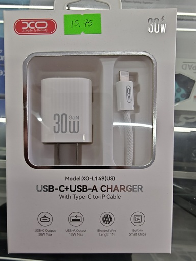 CARGADOR XO L149 PD 30W C/CABLE TC-IP BLANCO