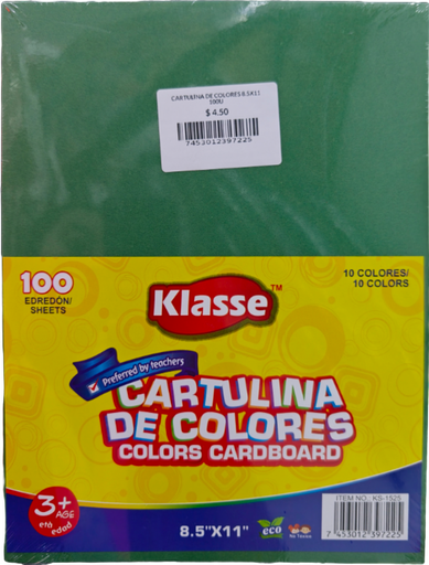 CARTULINA DE COLORES 8.5X11 100U