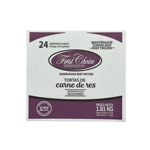 FIRST CHOICE TORTAS DE CARNE PARA HAMBURGUESA 24U 78G